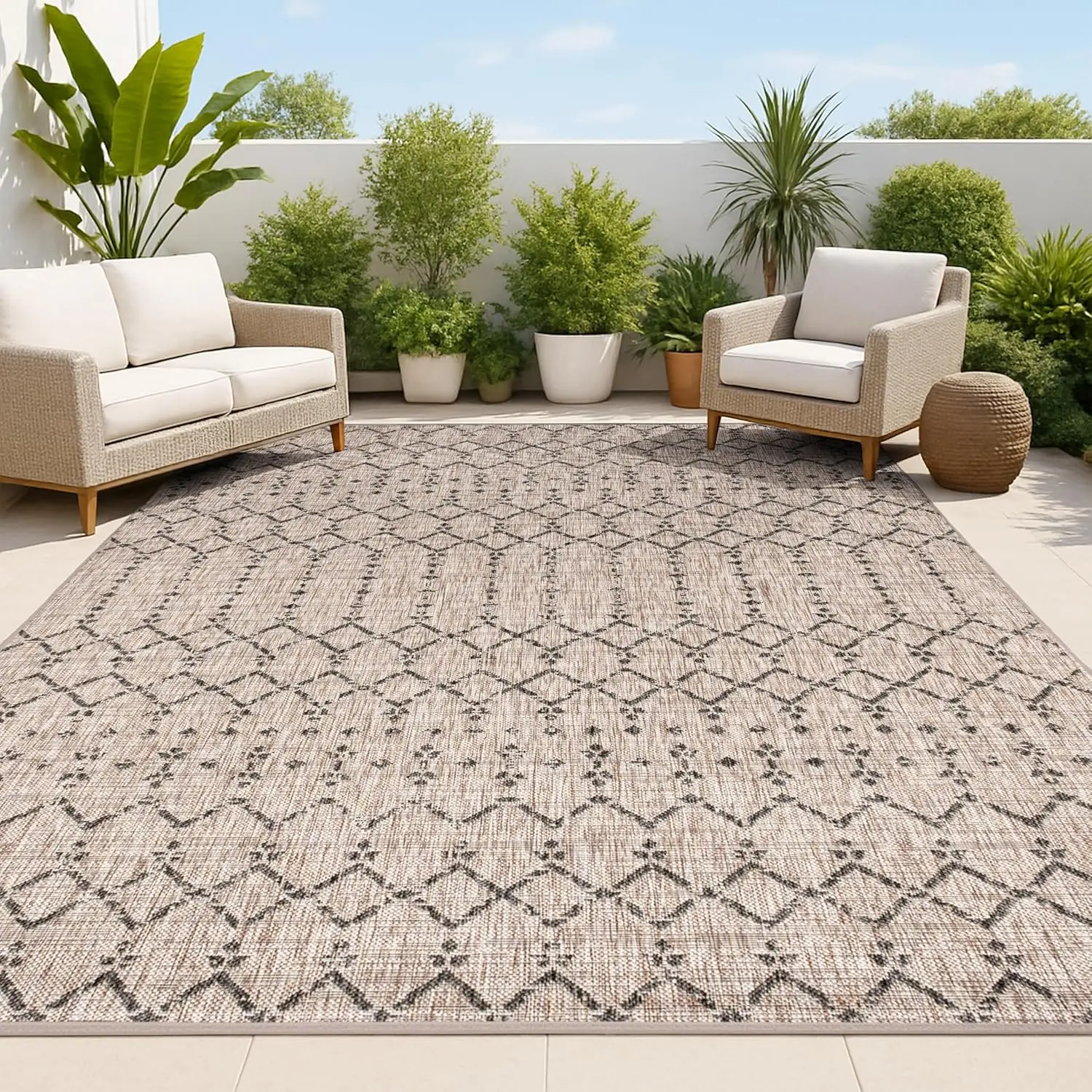 Outdoor Area Rug 8X10 Natural/Black, Ourika Textured Weave for Backyard, Patio, Porch, Easy-Cleaning, High Traffic, Pet-Friendly, Non-Shedding