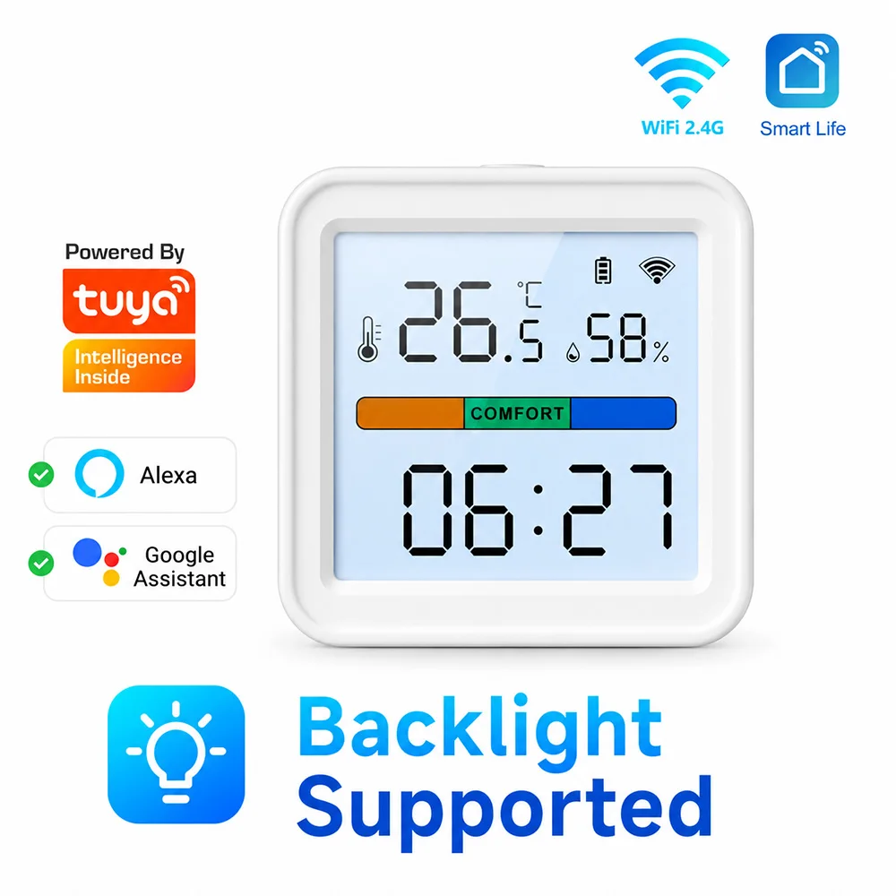 Tuya WiFi-Temperatur- und Luftfeuchtigkeitssensor, Smart Home-Hygrometer-Thermometer mit Hintergrundbeleuchtung, kompatibel mit Alexa und Google Home Assistant