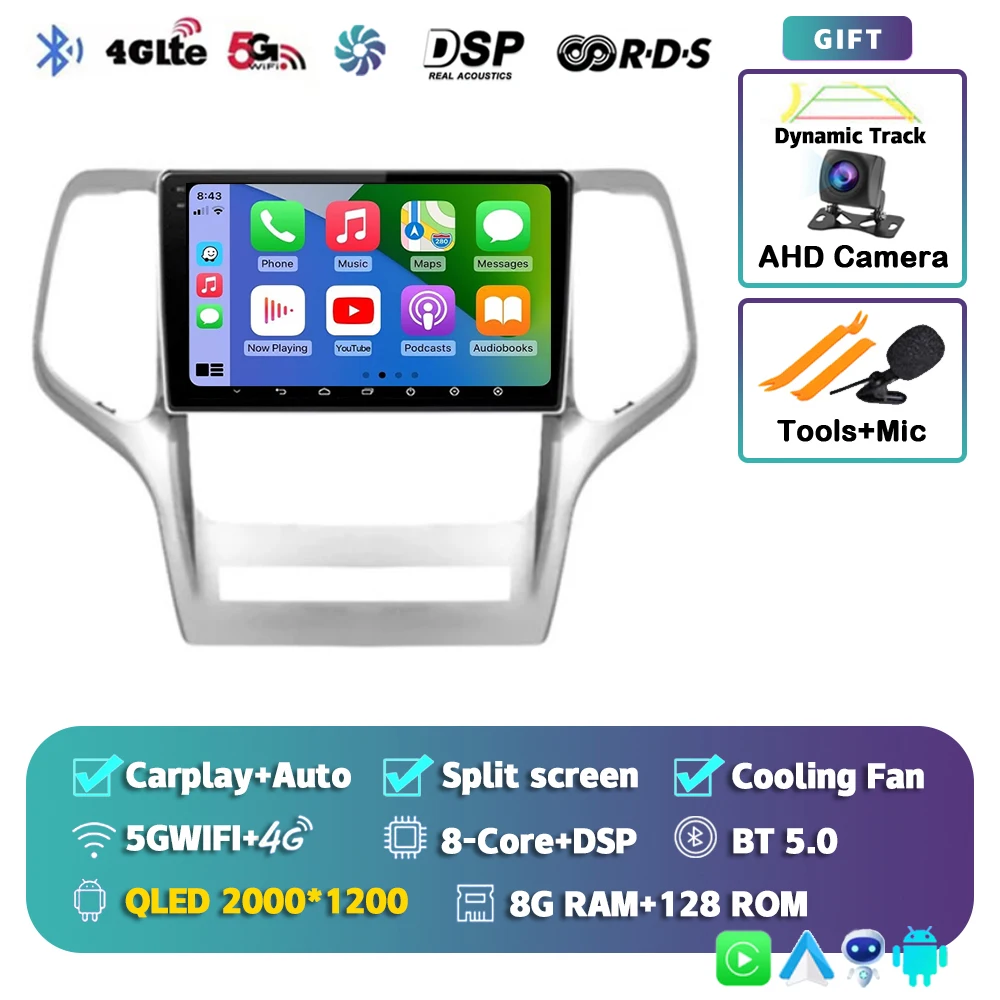 Android 15 voor Jeep Grand Cherokee 2008 2009 2010 2011 2012 2013 QLED scherm autoradio multimediasysteem Carplay Auto navigatie
