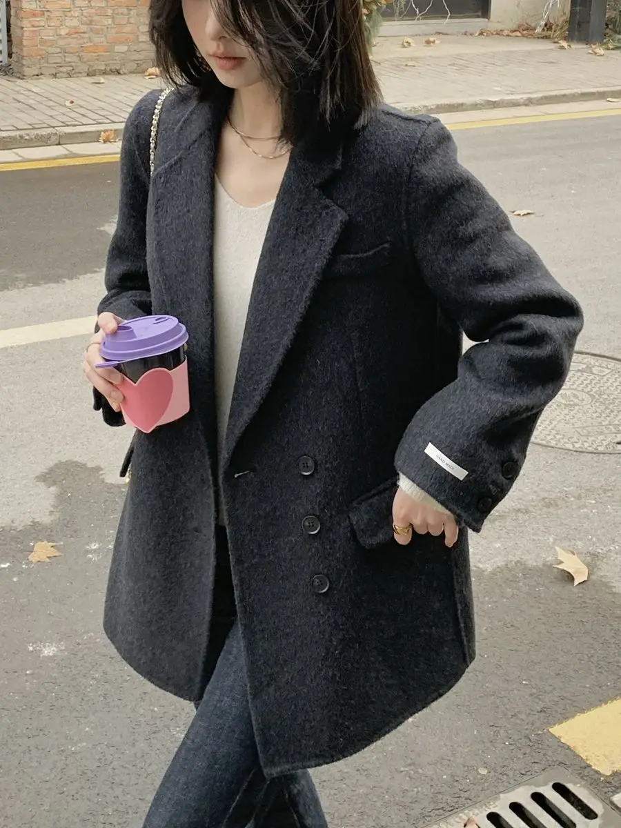 

Ele Double-Sided Camere Thiened Casual Women's ey Woolen Autumn Winter ort Coat Button ket Warm