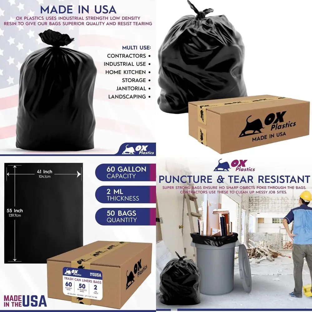 

60 Gallon Heavy-Duty Trash Bags, 50-Pack, 2 Mil Thick, Leak-Proof, Durable, Black