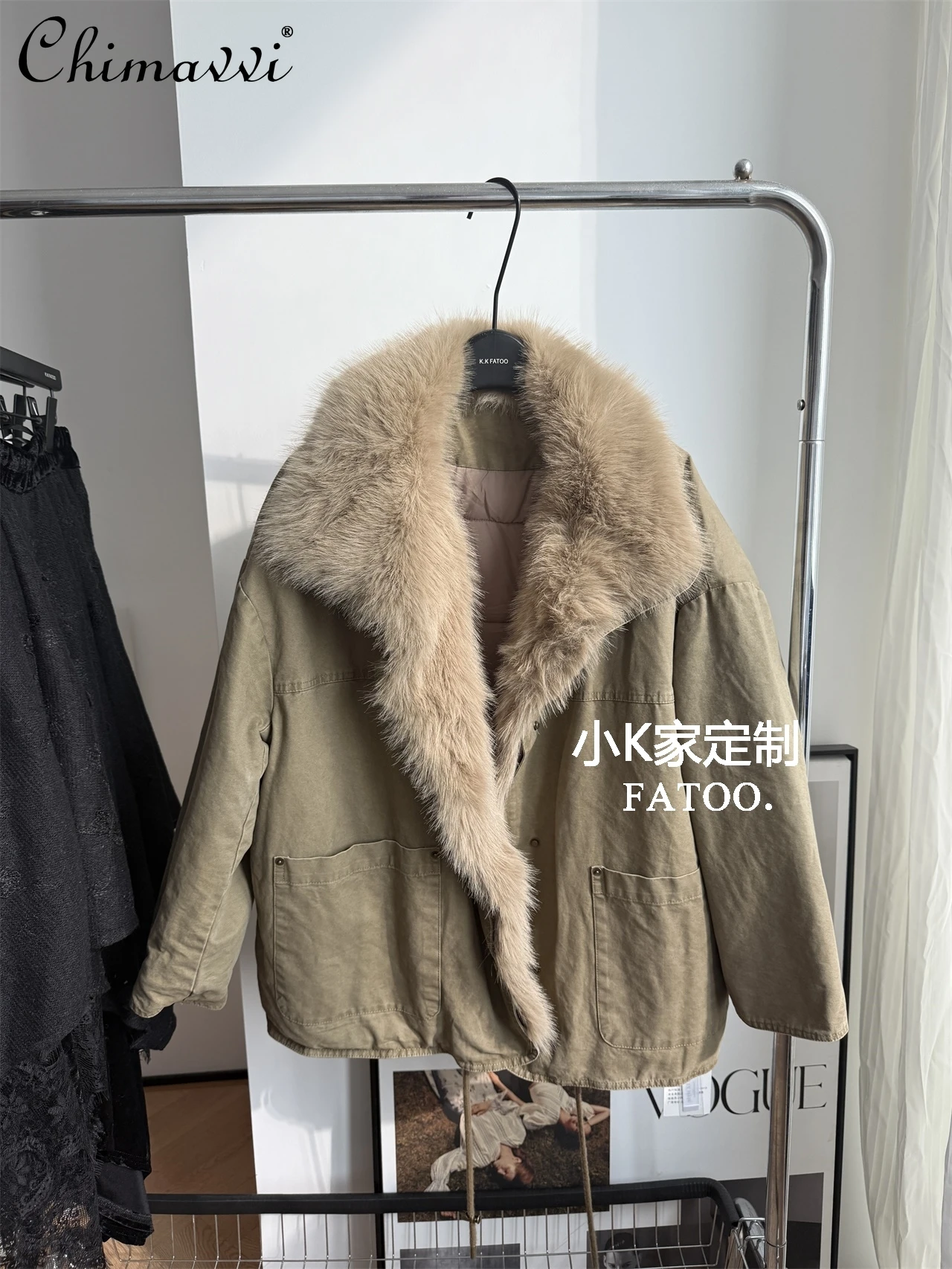 

2025 Winter New Soft Fluffy Large Fur Collar Drawstring Parka Mid-Length Warm Thickened Coat Casual Workwear Cotton Jacket Women