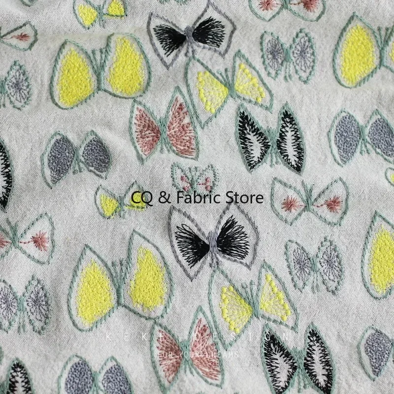 Fabric DIY Heavy Industry Three-dimensional Embroidery Cotton Linen Fabric Cartoon Butterfly Fabric Japanese Ins Sofa Curtain