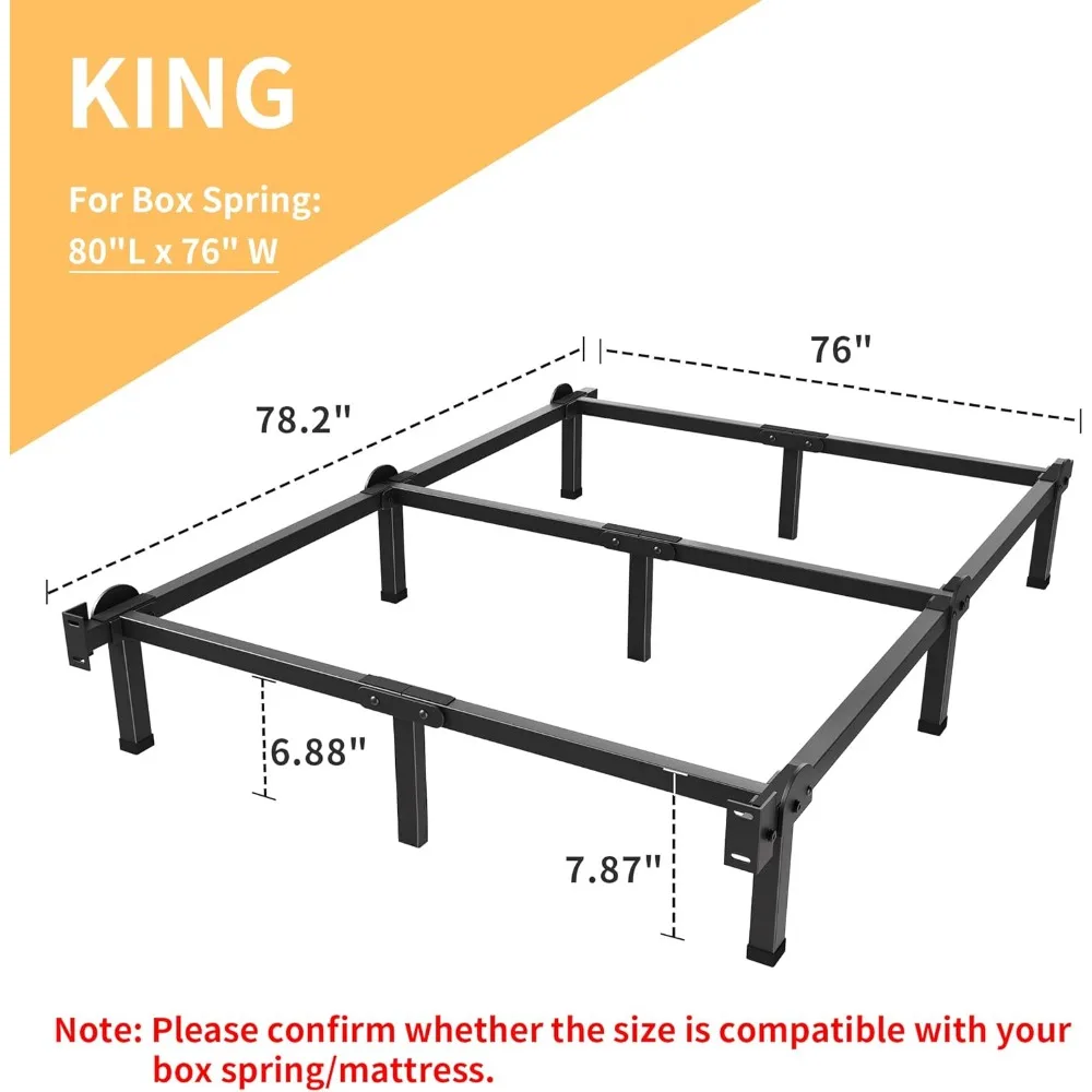 إطار سرير معدني بحجم كينج مع دعم 9 أرجل، ارتفاع 8 بوصة لصندوق زنبرك ومرتبة، سهل التجميع، لمسة نهائية سوداء