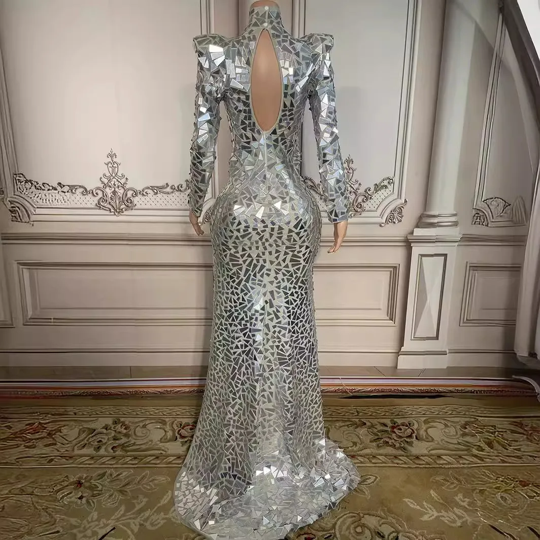 Specchio lungo compleanno abbigliamento donna specchio lucido paillettes cristallo abito da sposa da sera lungo slim fit pesce abiti da flamenca