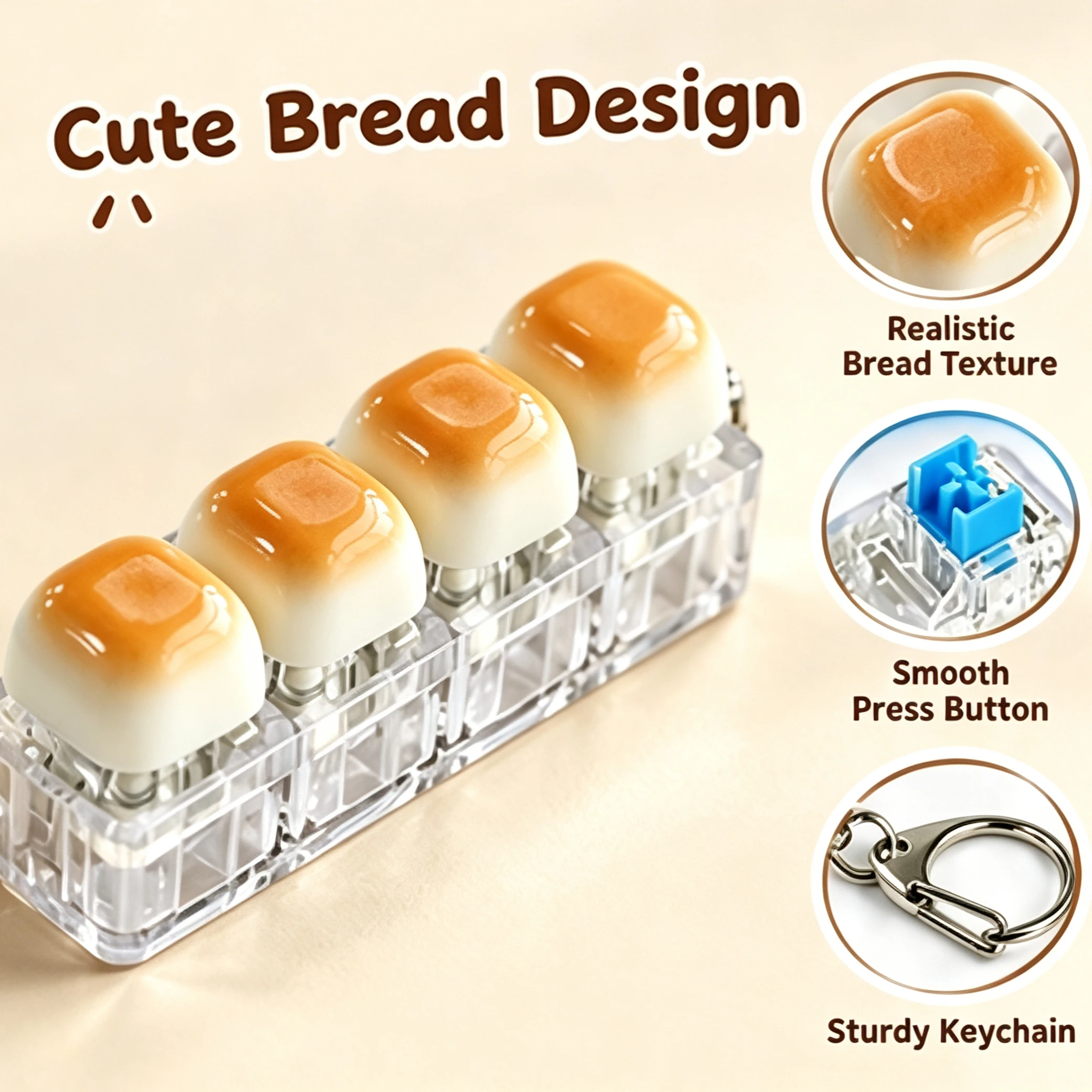 Bread Keycap Fidget Clicker Keychain Portable 4 Buttons Finger Press Toy Crisp Click Sound Decompression Charm Stress Relief Gif