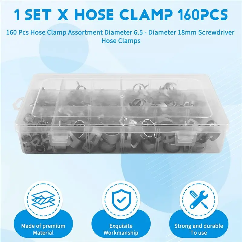 VEHO-160 Pcs Hose Clamp Kit With Screwdriver: Adjustable 6.5Mm To 18Mm Diameter Selection