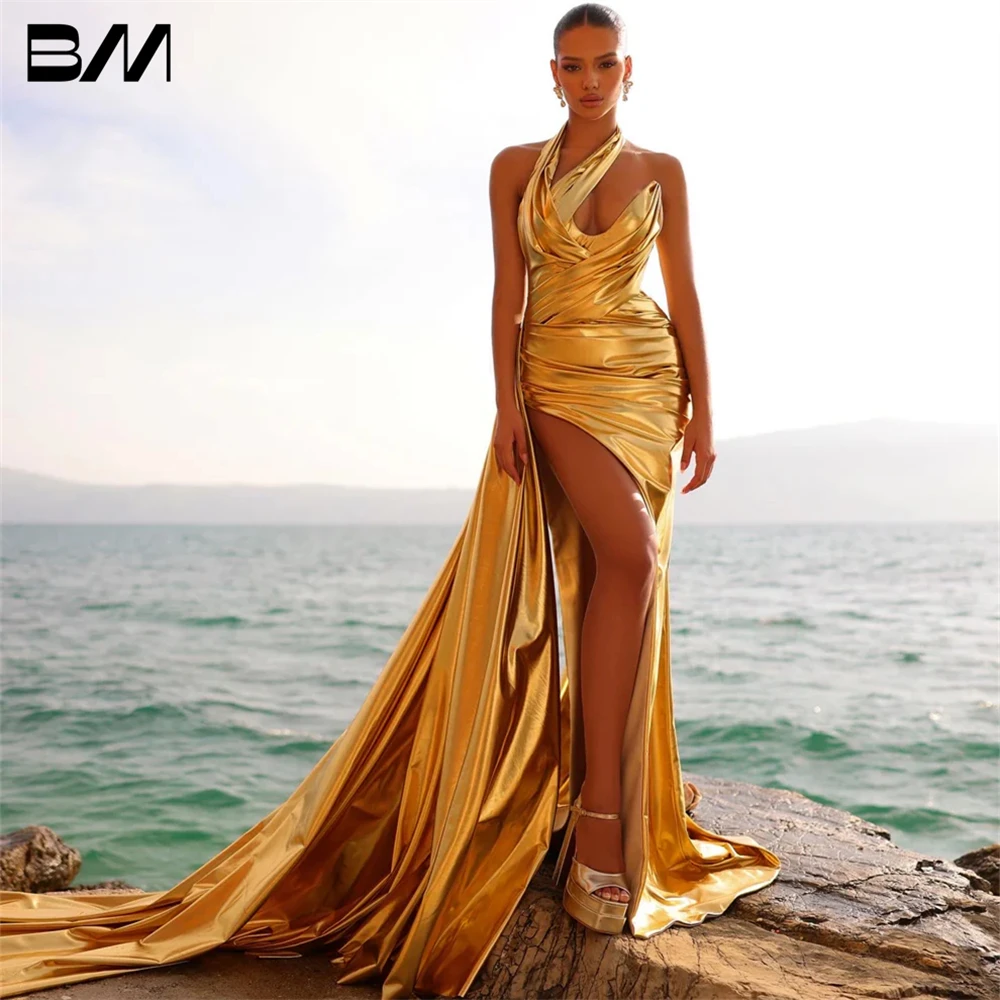 

Glowing Gold Prom Dress with Side Slit, Customized Sheath Evening Dresses, Halter Neckline, Sleeveless Beach Party Gown