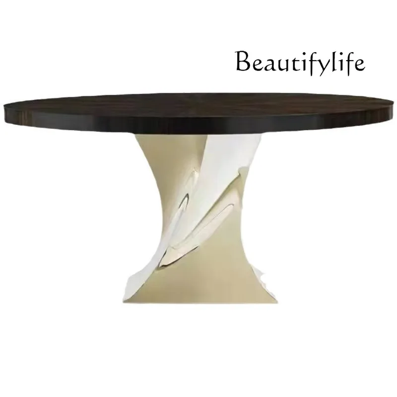 

Light luxury furniture American solid wood dining table stainless steel feet 1.5 meters round eating table modern retro table
