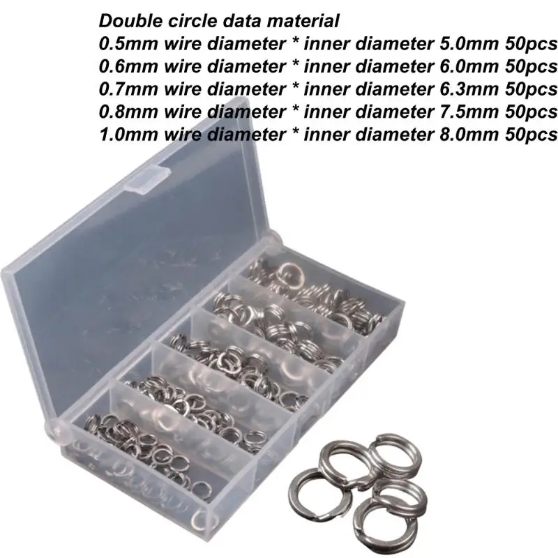 Fishing Split Rings Connector Set 250Pcs 5 Sizes Rustproof Stainless Steel for Lure Bait Fishing Tackle Accessories