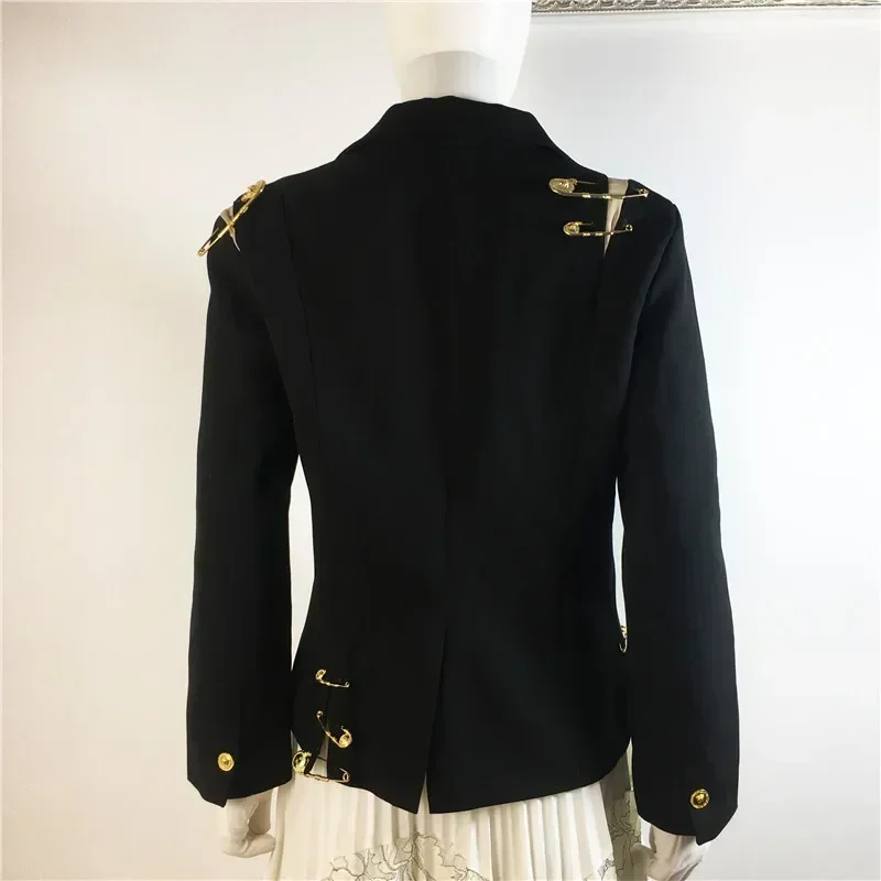 Fall Winter New Fashion 2024 Runway Women\'s Hollow Out Mesh Spliced Jackets Full Sleeve Buttons Pin Black Blazer Outerwear