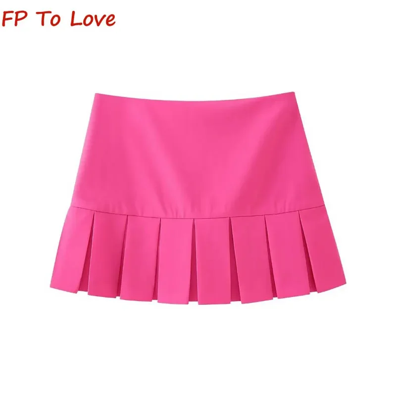 

2024 Spring Rose Red Wide Pleated Skirt Spice Girls High Waisted A-Line White Mini Skirt Side Zip Culottes 5427428