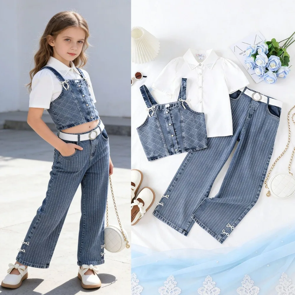 2026 Spring Summer Girls Denim Three Piece Set White Shirt Denim Vest Straight Pants Pearl Bow Spot Kids Outfit for 8-12Y