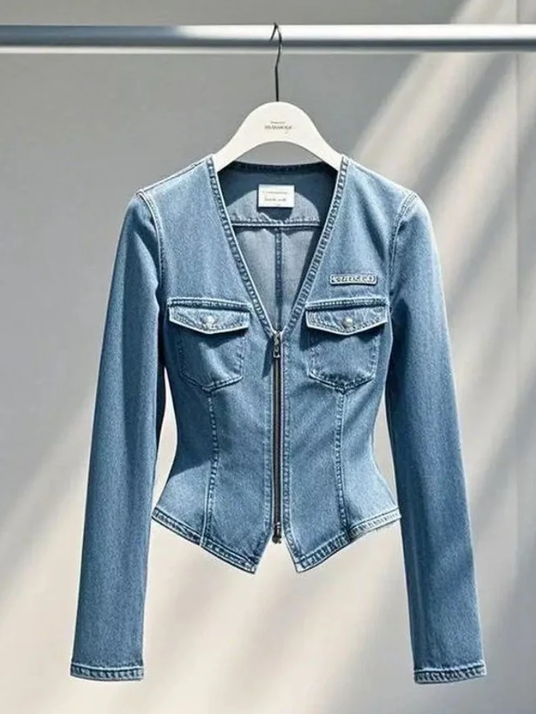American Style Blue Denim Vest Patchwork Shirt Jackets Loose Streetwear Women Single Breasted Button Up POLO Collar Cardigan Y2K