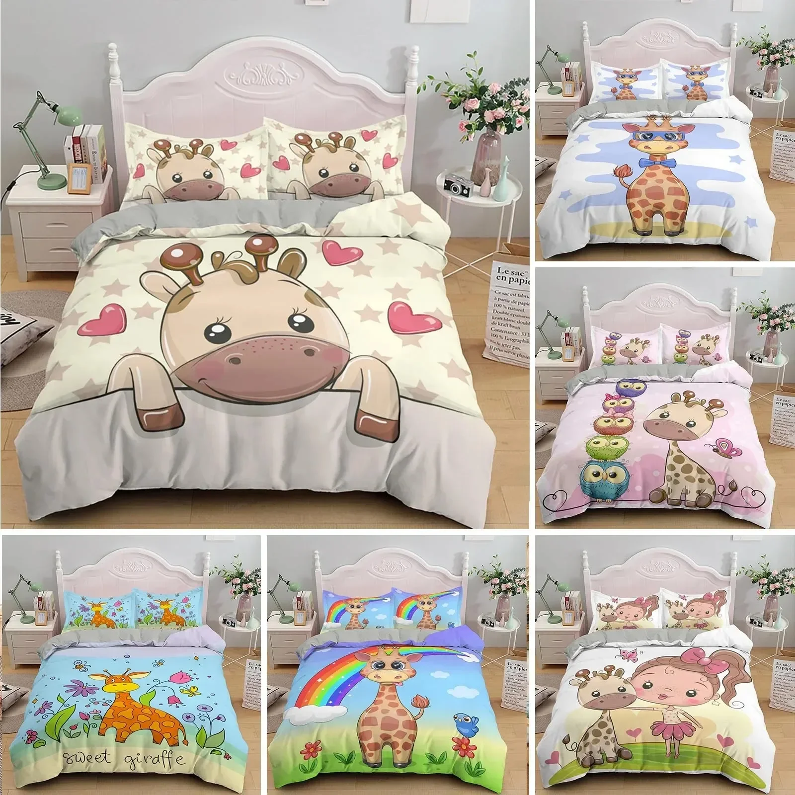 

Cartoon Giraffe Duvet Cover King Queen Tropical Animals Bedding Set for Kids Boys Girls Lovely Wildlife Polyester Quilt Cover