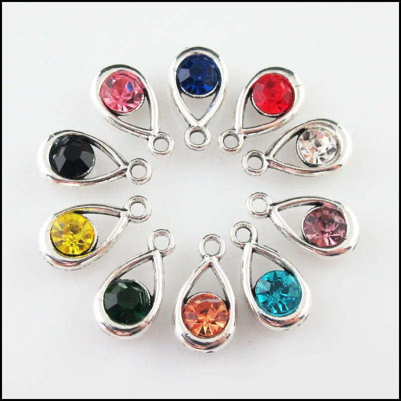 

20Pcs Mixed Crystal Antique Silver Color Teardrop Frame Charms Pendants 9.5x17.5mm