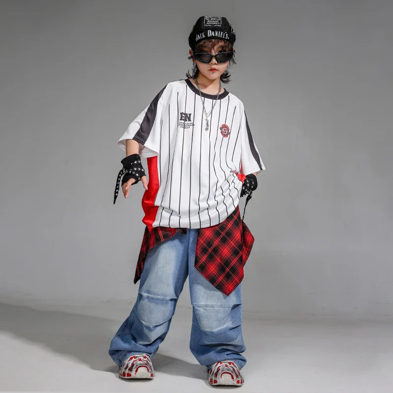 

Kid Hip Hop Clothing White Striped T Shirt Denim Blue Casual Pleated Jeans Baggy Pants for Girl Boy Jazz Dance Costumes Clothes