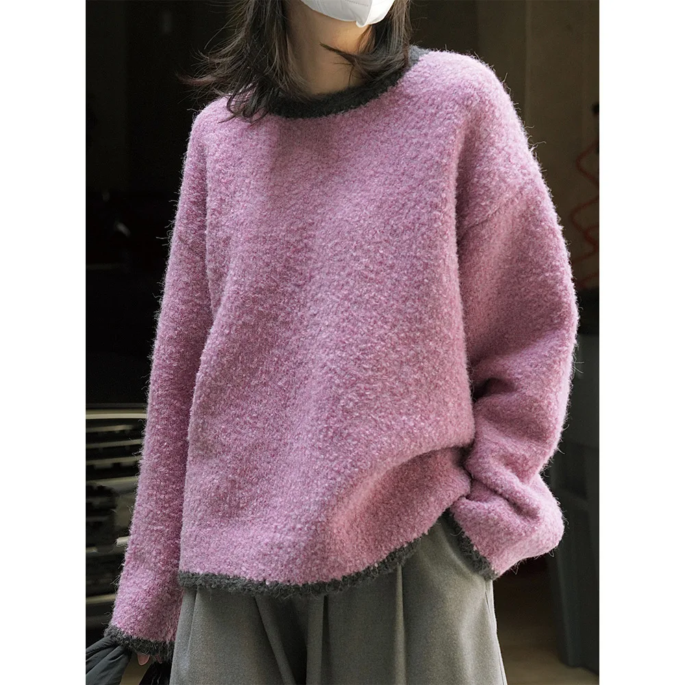 

Winter Slouchy Contrasting Circle Yarn Wool Knitted Sweater Trim Striped Warm Thick Loose Purple Grey Pullover Top For Women