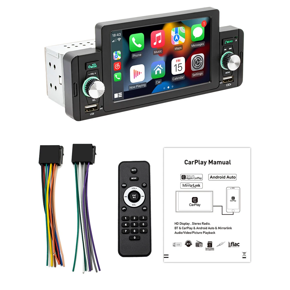 

5 Inch Car Stereo MP5 Player BT FM Radio Receiver with Carplay Android Auto Support Hands-Free Calling USB Charge/Playback Phone