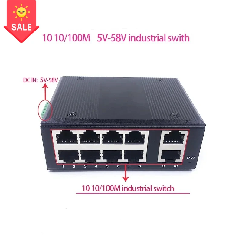 

Неуправляемый MINI 10-портовый 10/100M 5V-58V 10-портовый порт 100M промышленный коммутатор Ethernet Защита молнии 4KV, антистатический 4KV