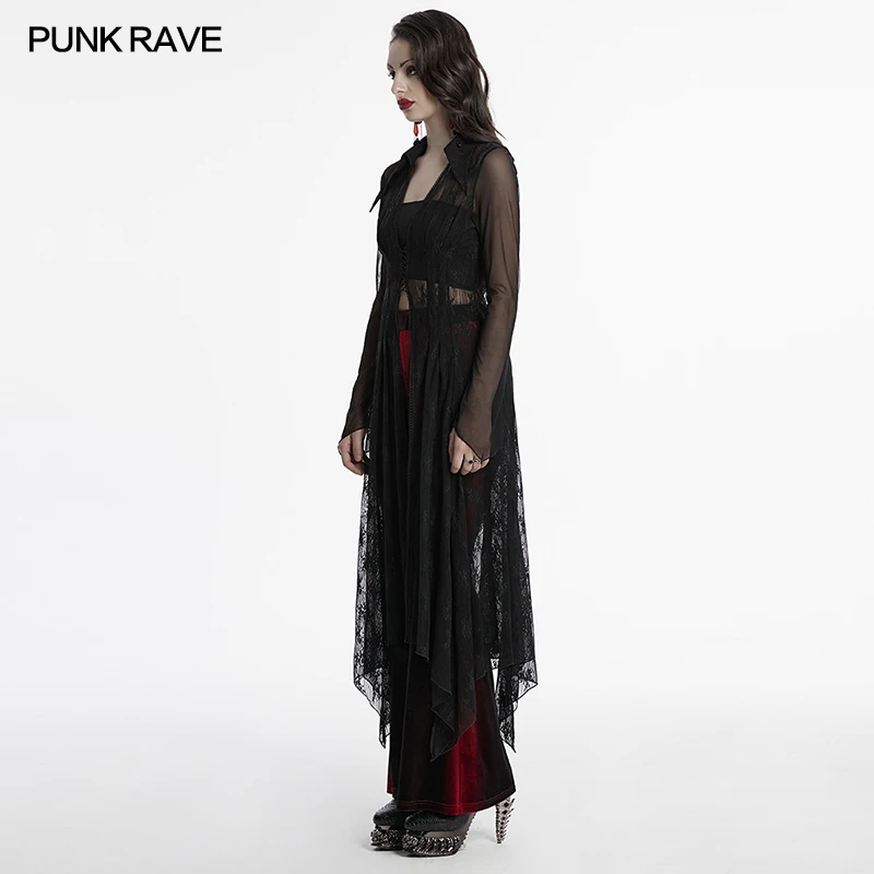 PUNK RAVE Women's Gothic Sheer Elegant Lace Mesh Cardigan Exquisite Pointed Collar Irregular Hem Long Sun Protection Shirt Top