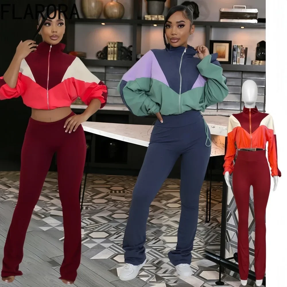 

FLARORA Fashion Patchwork 2Pcs Sets Woman Long Sleeve Spliced Crop Jackets And High Waist Flare Pants Outfits Street Tracksuits