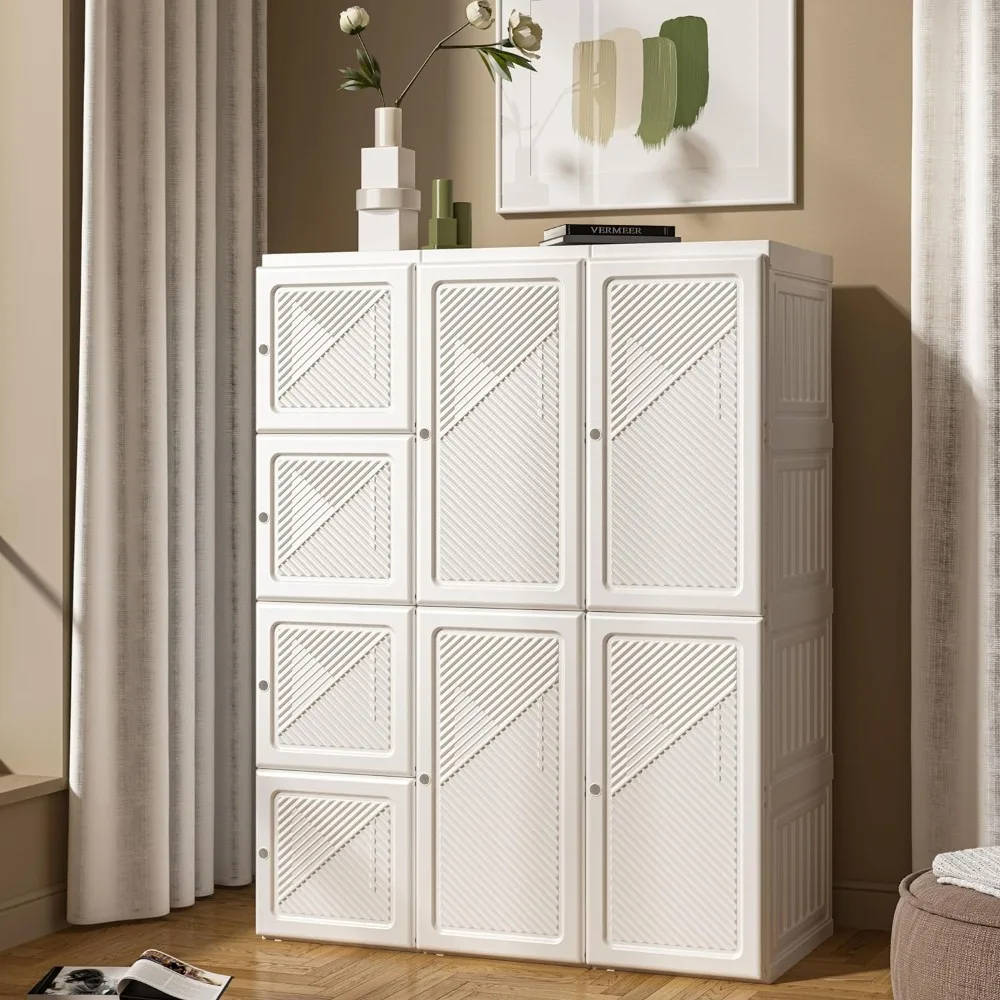 Folding plastic wardrobe with magnetic door, easy to assemble with 8 doors -6 cubes -2 hanging rods, white, free shipping