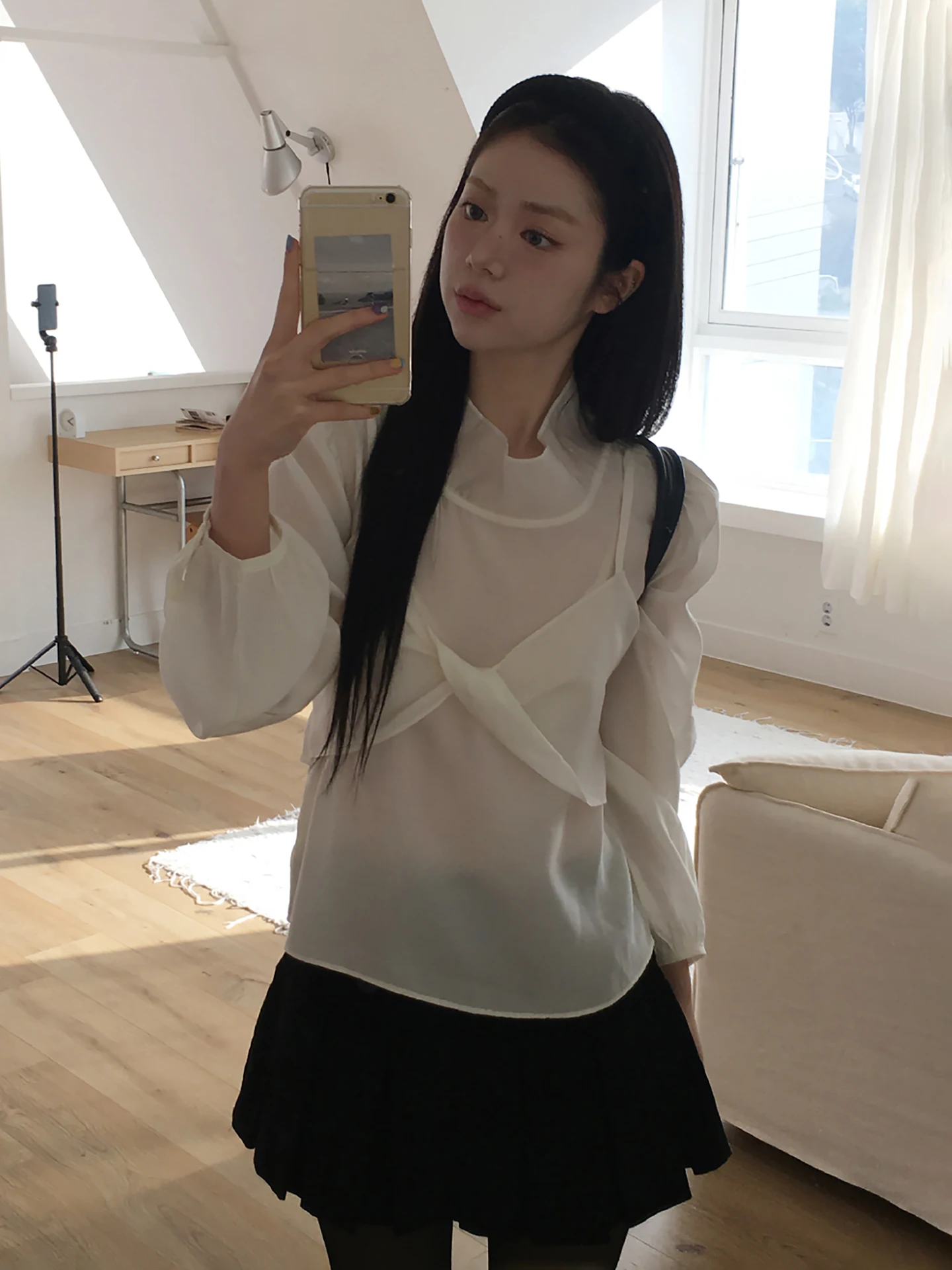 

Sweet Youthful Dongdaemun High Ne Long Sve Top Knot Tie Strap Vest Two Piece Set Polyester Fiber Winter Faion Ensemble