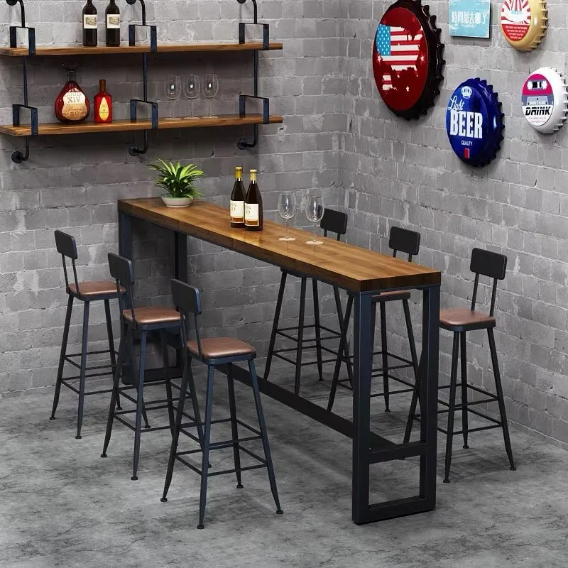 

！@Modern Industrial Loft Style Solid Wood Bar Furniture Set with Metal Frame Retro Chair for Cafe Milk Tea Shop or Bar