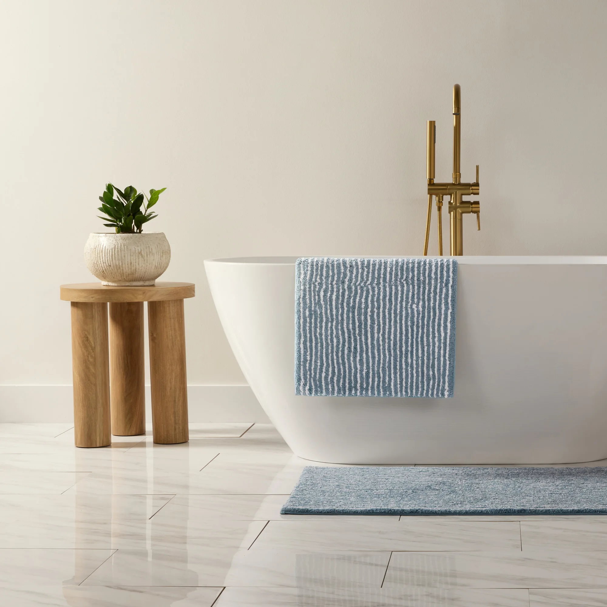 

Pinstripe cotton bath mat 24 by 17 inches light blue