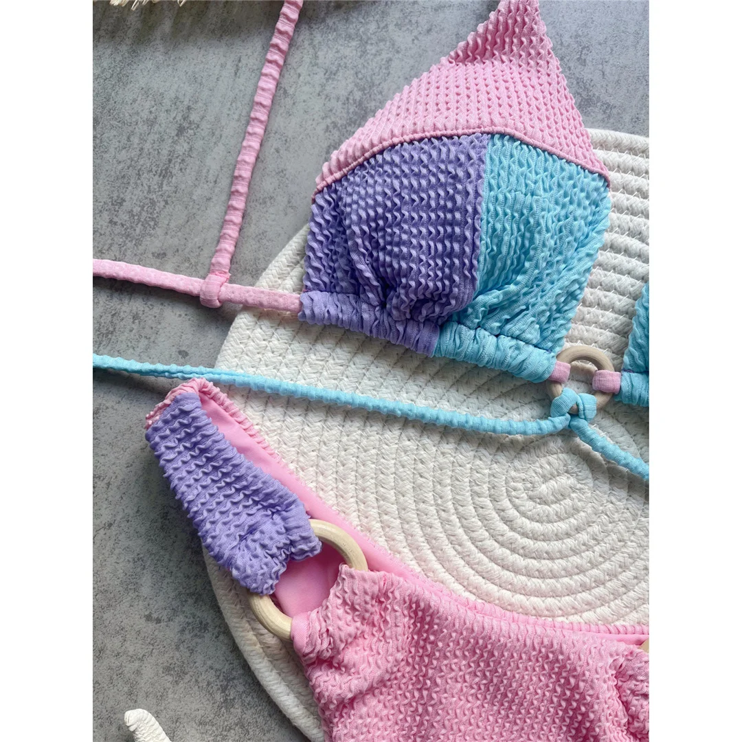 Gefältete, geknitterte, gespleißte brasilianische Bikini-Badebekleidung für Damen, zweiteiliges Bikini-Set, Badeanzug, Badebekleidung, Badeanzug, Schwimmbekleidung V6567 – Detail 4