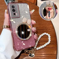 POCO F5pro Case with Pearl Lanyard Cover For Xiaomi poco F5 X6 X5 X3 M4 M6 pro C55 C65 C40 Luxury Bling Glitter Mirror Case F 5