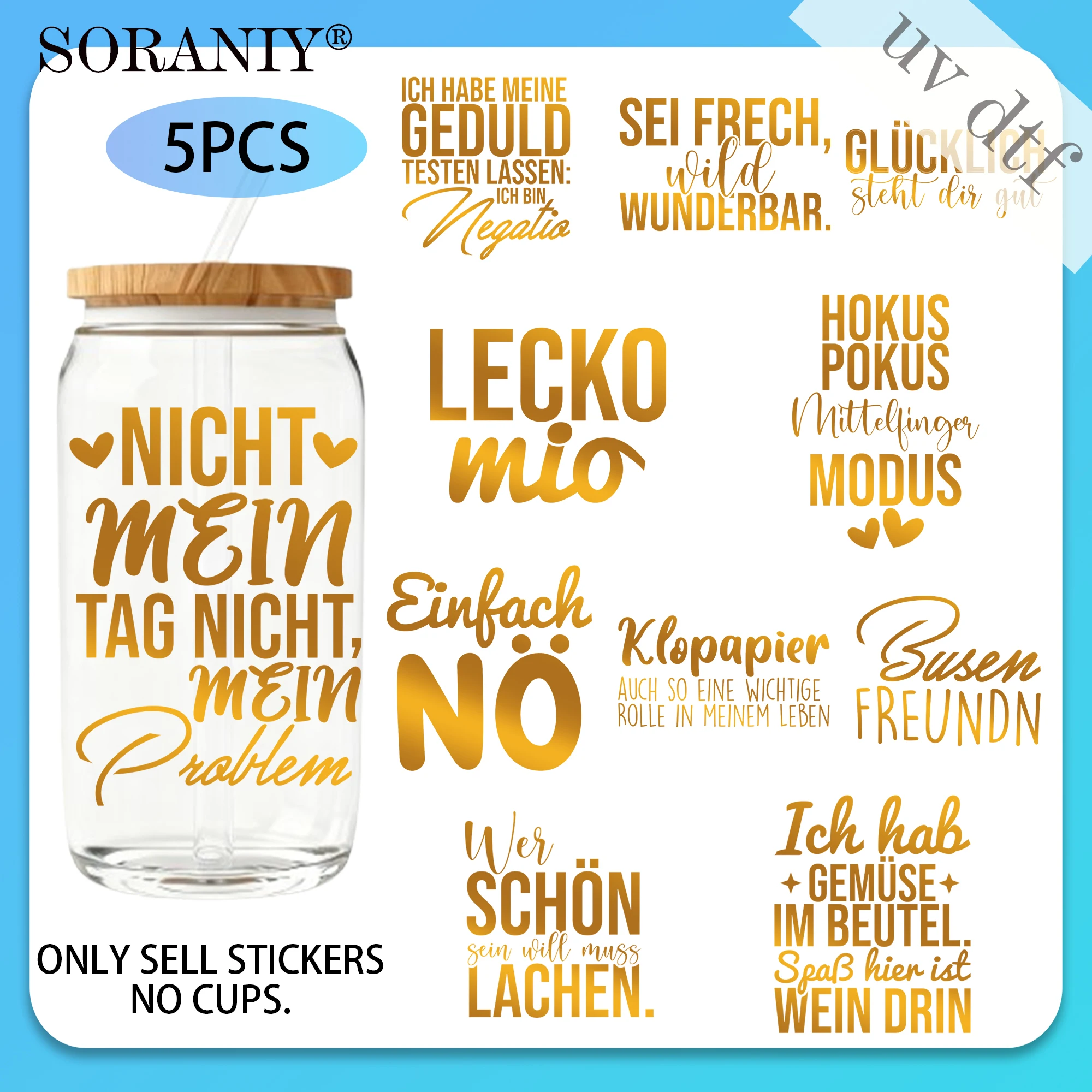 UV DTF 16OZ DIY Transfer Stickers - 5 Pieces/Set Golden Text German Inspirational Quotes Theme 16 Oz Glass Jar Packaging Transfe