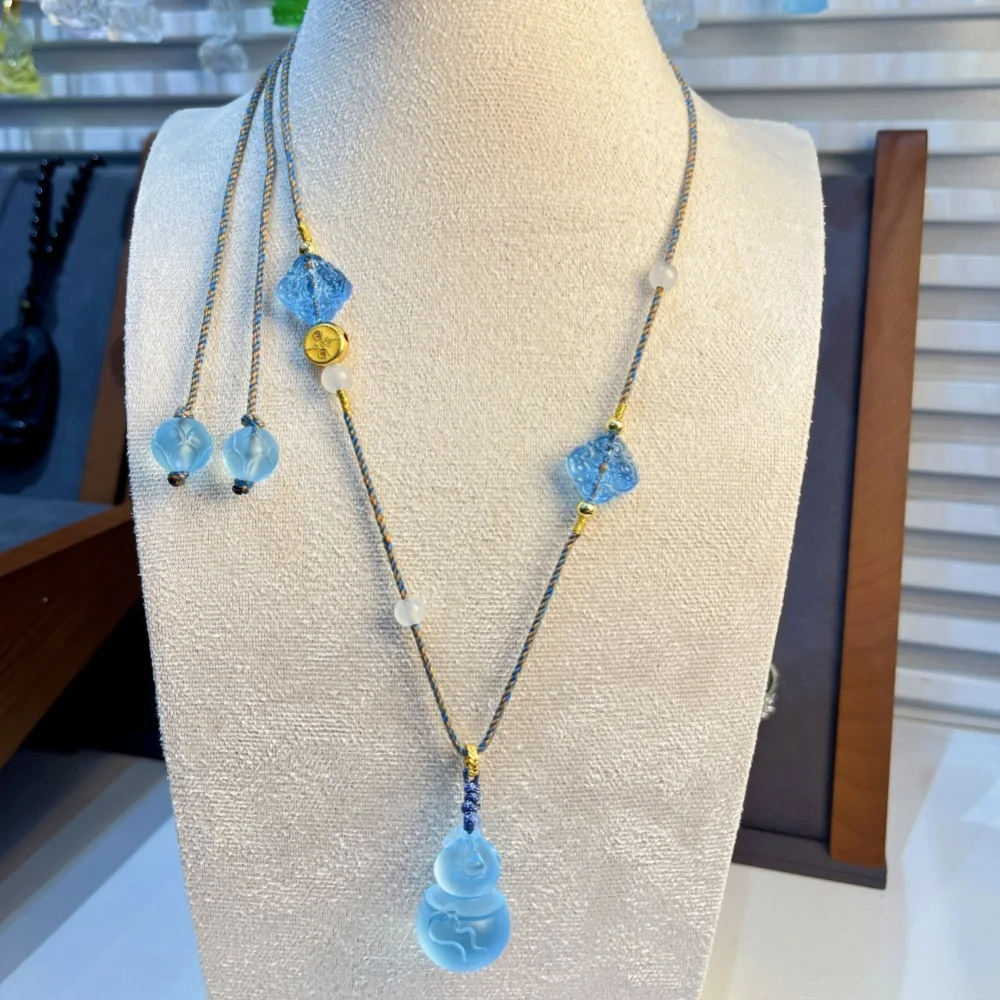 

Chinese Style Lucky Blue Liuli Gourd Pendant Necklace Hand Woven Adjustable Rope Auspicious Fortune Blessing Good Luck Jewelry