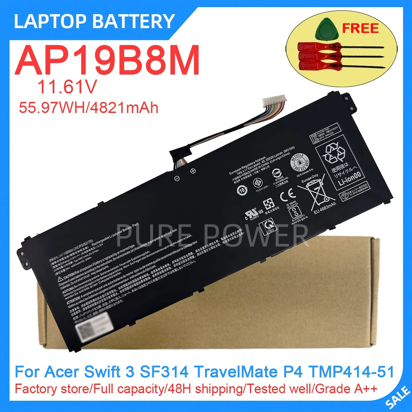 New Laptop Battery AP19B8M 11.61V 55.97WH 4821mAh High Quality For Acer Swift 3 SF314 TravelMate P4 TMP414-51