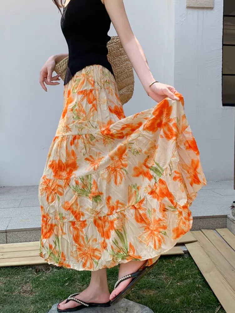 Colorful Bohemian Print Maxi Skirt Summer 2025 High Waist Flowy A-Line Vacation Skirts For Petite Women