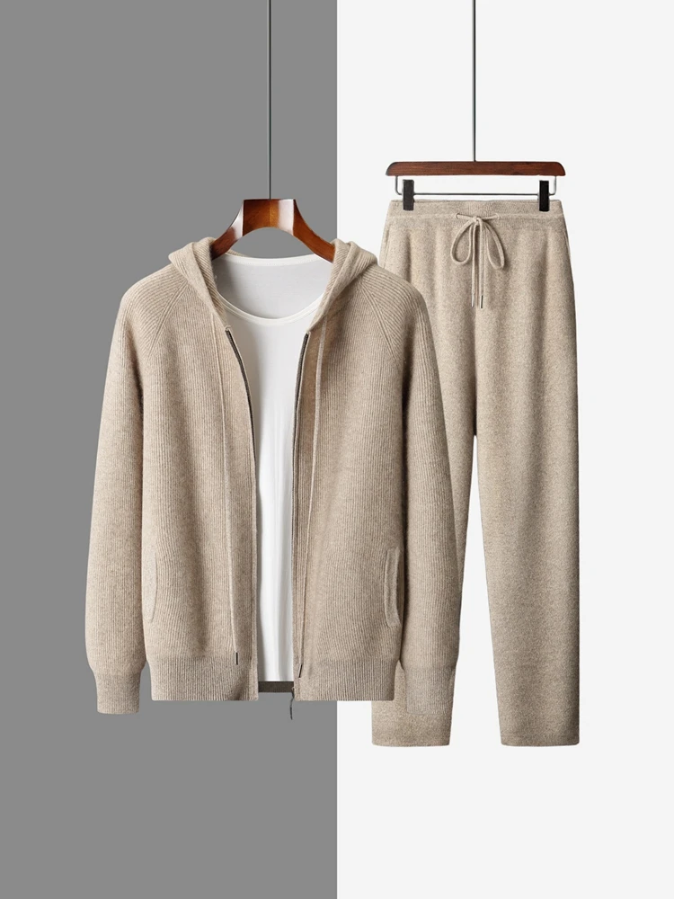 

CHICUU Men's 100% Cashmere Knit Set Hoodie Cardigan Thick Pants Set Autumn Winter Smart Casual Cashmere Sweater Trousers Suit