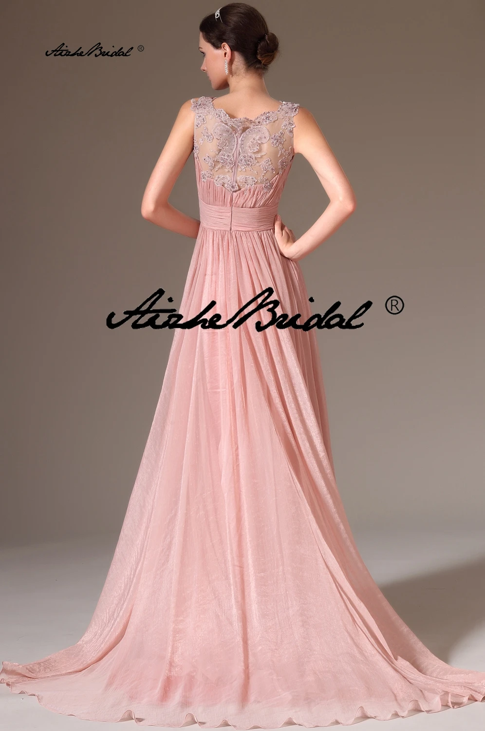 

V-образным вырезом пыльно-розовое шифоновое вечернее платье в полный рост, прозрачное кружевное платье для выпускного вечера сзади