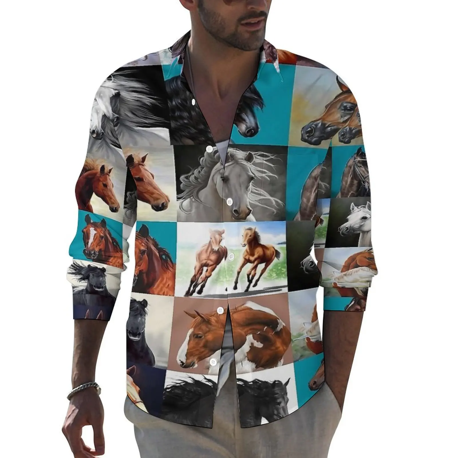 Horse Blanket Shirt Vintage Print Casual Shirts Long Sleeve Graphic Aesthetic Blouses Autumn Trendy Oversized Top