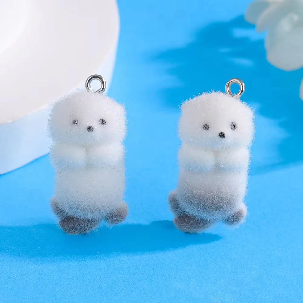 5 uds. De dijes de resina de nutria marina flocado, colgante de Animal, cadenas para teléfono DIY, llavero, pendiente, accesorio para hacer joyas