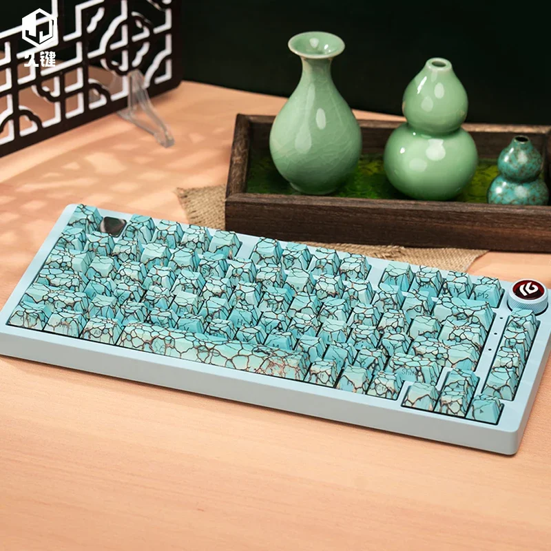 ターコイズ、クラック、模造セラミック、キーキャップ均一光透過、サイド刻印キーキャップ、ターコイズキーキャップ
