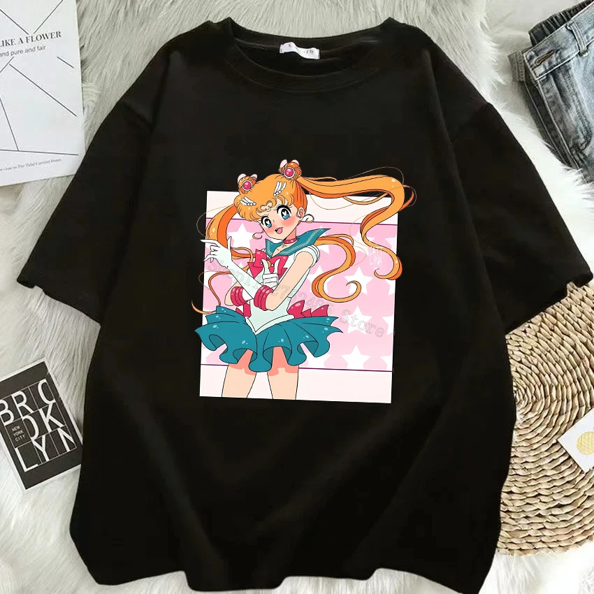 Cartoon Sailor Moon Print T-shirt Girls Summer Tops Pure Cotton Kids Boutique Clothes Sportwear Tees Short Sleeve Kawaii Shirts