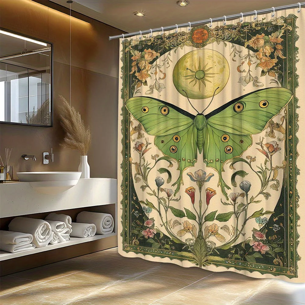 

Винтажная шторка для душа с изображением мотыльков и цветов, зеленая на желтом фоне с желтыми точками в виде глаз, в стиле ар-нуво, 12 крючков, 1 шт.