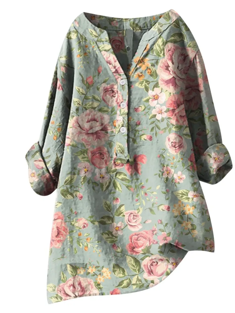 2024 Women\'s Autumn Winter New Fashion Printed Button Up Shirt Long Sleeved Bamboo Linen Casual Comfortable Top