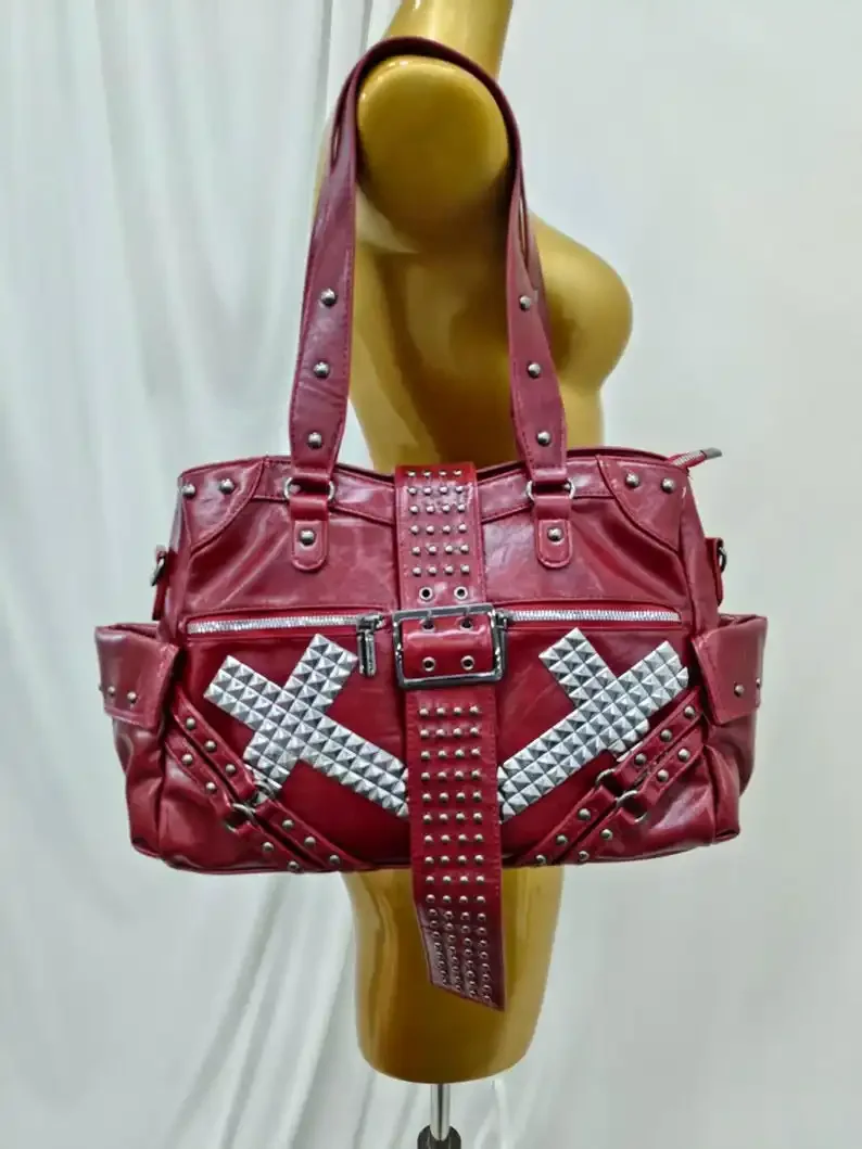 Large Capacity Multi-pocket Motorcycle Crossbody Bag Y2K Punk Rivet Shoulder Bag Faux Leather Gothic Cross Studded Handbag