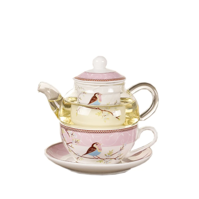 

Hot sale Ceramic Flower Teapot Flower Bird Cup Saucer Heat- Glass Pot Set Coffee Cup Afternoon Tea Tea Set Pink