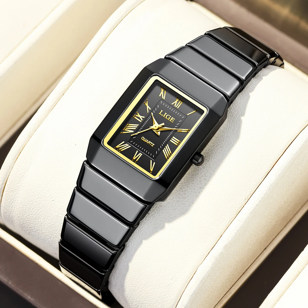 ساعة يد كوارتز سيراميك سوداء مربعة أنيقة للنساء من LIGE، ساعات فاخرة من السيراميك مقاومة للماء، ساعة نسائية كاجوال للسيدات