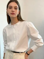 Blusa blanca con volantes y cuello levantado para mujer, camisa plisada con botones delanteros y mangas largas abombadas, Top informal elegante para oficina para mujer, suave
