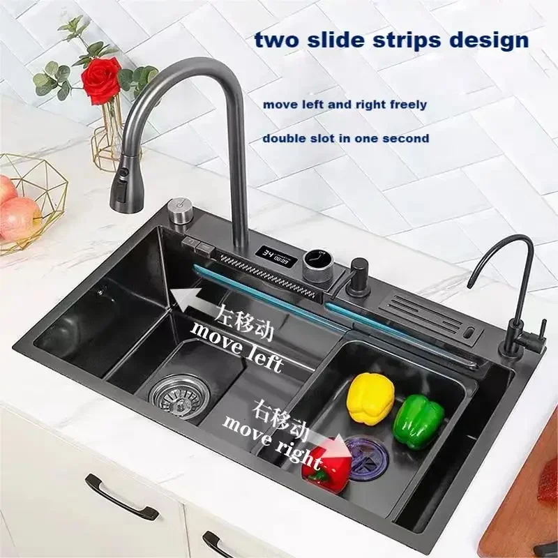 Nano 304 stainless steel kitchen flying waterfall sink digital display large single sink dish basin sink left side water