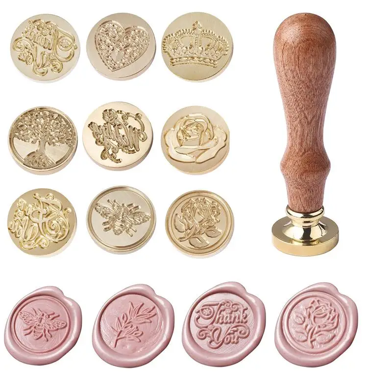 Vintage Stamp Wax Seal Stamp Head Flower Fire Paint Wooden Handle Set For Wedding Invitation Sealing Wax Stamp Candle